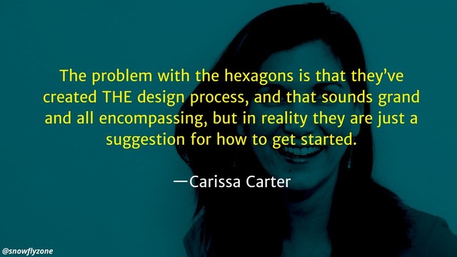 The problem with the hexagons is that they’ve
created THE design process, and that sounds grand
and all encompassing, but in reality they are just a
suggestion for how to get started.
—Carissa Carter
@snowﬂyzone
