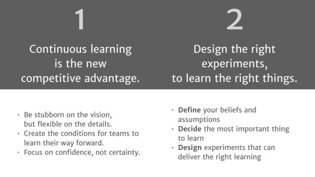 2
Design the right
experiments,
to learn the right things.
‣ Deﬁne your beliefs and
assumptions
‣ Decide the most important thing
to learn
‣ Design experiments that can
deliver the right learning
‣ Be stubborn on the vision,
but ﬂexible on the details.
‣ Create the conditions for teams to
learn their way forward.
‣ Focus on conﬁdence, not certainty.
1
Continuous learning
is the new
competitive advantage.

