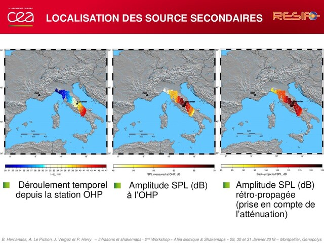 LOCALISATION DES SOURCE SECONDAIRES
Déroulement temporel
depuis la station OHP
Amplitude SPL (dB)
à l’OHP
Amplitude SPL (dB)
rétro-propagée
(prise en compte de
l’atténuation)
B. Hernandez, A. Le Pichon, J. Vergoz et P. Herry – Infrasons et shakemaps - 2nd Workshop « Aléa sismique & Shakemaps » 29, 30 et 31 Janvier 2018 – Montpellier, Genopolys
