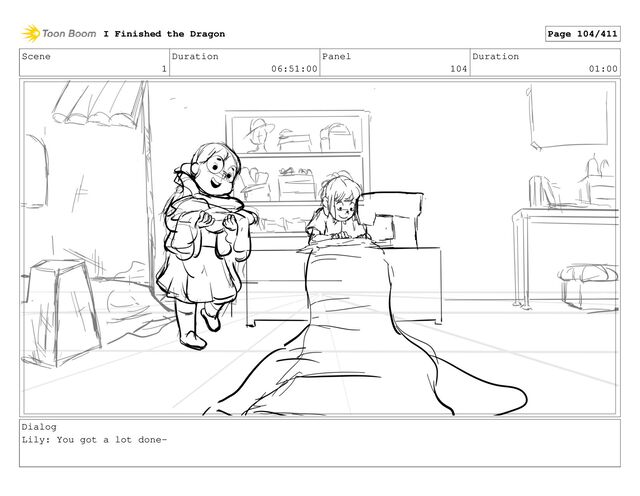 Scene
1
Duration
06:51:00
Panel
104
Duration
01:00
Dialog
Lily: You got a lot done-
I Finished the Dragon Page 104/411
