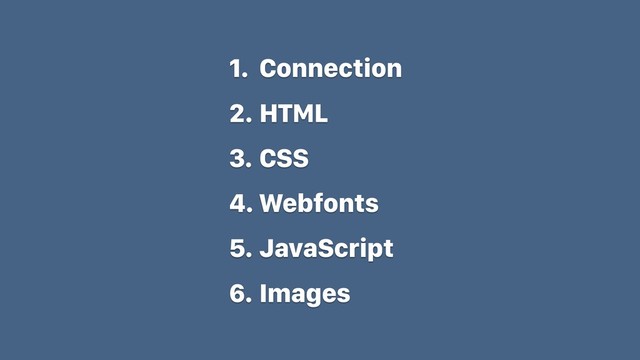 1. Connection
2. HTML
3. CSS
4. Webfonts
5. JavaScript
6. Images
