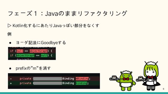 フェーズ１：Javaのままリファクタリング
▷ Kotlin化するにあたりJavaっぽい部分をなくす
例
● ヨーダ記法にGoodbyeする
● prefixの”m”を消す
6
