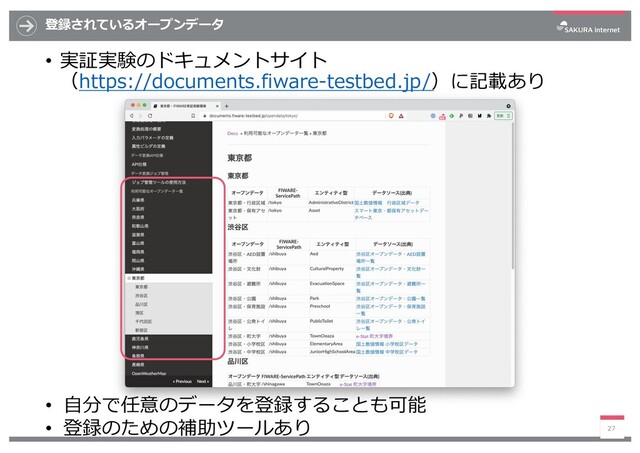 登録されているオープンデータ
• 実証実験のドキュメントサイト
（https://documents.fiware-testbed.jp/）に記載あり
27
• ⾃分で任意のデータを登録することも可能
• 登録のための補助ツールあり
