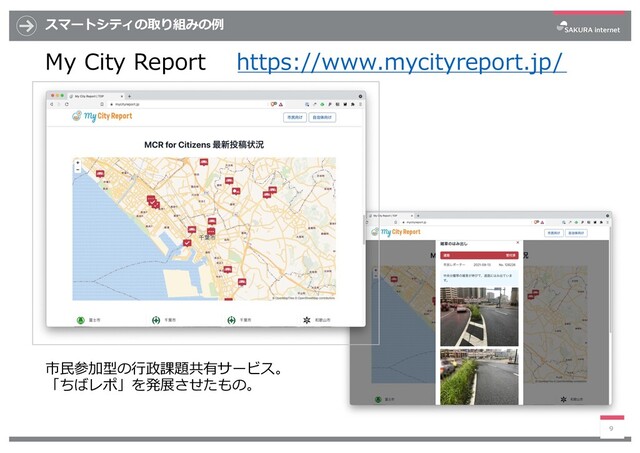 スマートシティの取り組みの例
My City Report https://www.mycityreport.jp/
9
市⺠参加型の⾏政課題共有サービス。
「ちばレポ」を発展させたもの。
