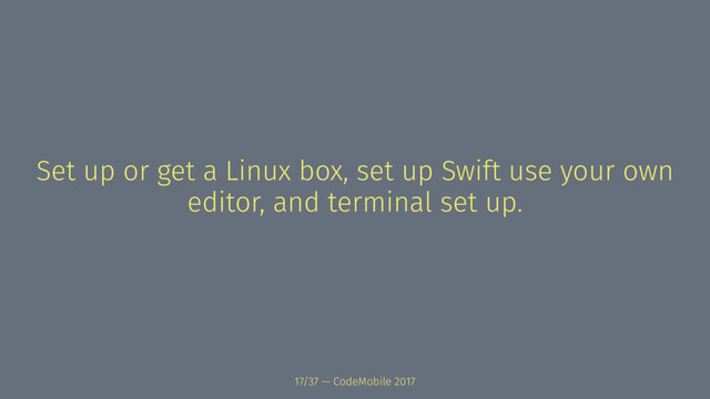 Set up or get a Linux box, set up Swift use your own
editor, and terminal set up.
17/37 — CodeMobile 2017

