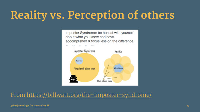 Reality vs. Perception of others
From https://billwatt.org/the-imposter-syndrome/
@benjammingh for HumanOps SF 17
