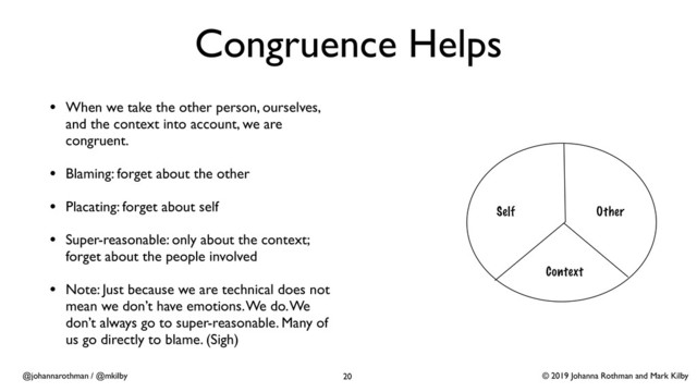 © 2019 Johanna Rothman and Mark Kilby
@johannarothman / @mkilby
Congruence Helps
• When we take the other person, ourselves,
and the context into account, we are
congruent.
• Blaming: forget about the other
• Placating: forget about self
• Super-reasonable: only about the context;
forget about the people involved
• Note: Just because we are technical does not
mean we don’t have emotions. We do. We
don’t always go to super-reasonable. Many of
us go directly to blame. (Sigh)
20
