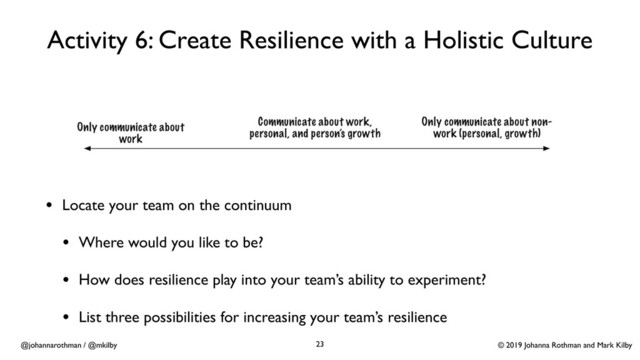 © 2019 Johanna Rothman and Mark Kilby
@johannarothman / @mkilby
Activity 6: Create Resilience with a Holistic Culture
• Locate your team on the continuum
• Where would you like to be?
• How does resilience play into your team’s ability to experiment?
• List three possibilities for increasing your team’s resilience
23
