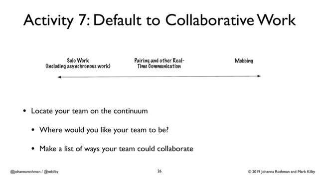 © 2019 Johanna Rothman and Mark Kilby
@johannarothman / @mkilby
Activity 7: Default to Collaborative Work
• Locate your team on the continuum
• Where would you like your team to be?
• Make a list of ways your team could collaborate
26
