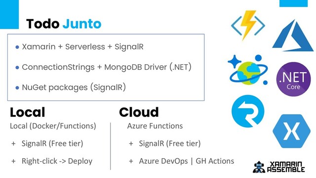 Todo Junto
● Xamarin + Serverless + SignalR
● ConnectionStrings + MongoDB Driver (.NET)
● NuGet packages (SignalR)
Local (Docker/Functions)
+ SignalR (Free tier)
+ Right-click -> Deploy
Azure Functions
+ SignalR (Free tier)
+ Azure DevOps | GH Actions
Local Cloud
