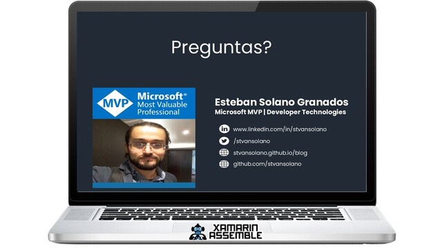 Preguntas?
Esteban Solano Granados
Microsoft MVP | Developer Technologies
www.linkedin.com/in/stvansolano
/stvansolano
stvansolano.github.io/blog
github.com/stvansolano
