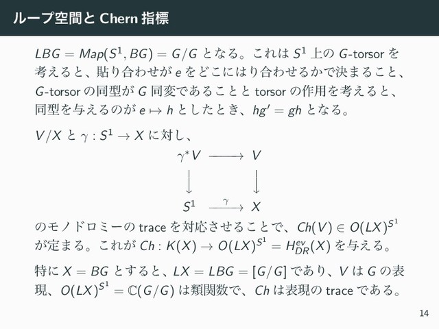 ϧʔϓۭؒͱ Chern ࢦඪ
LBG = Map(S1, BG) = G/G ͱͳΔɻ͜Ε͸ S1 ্ͷ G-torsor Λ
ߟ͑ΔͱɺషΓ߹Θ͕ͤ e ΛͲ͜ʹ͸Γ߹ΘͤΔ͔Ͱܾ·Δ͜ͱɺ
G-torsor ͷಉܕ͕ G ಉมͰ͋Δ͜ͱͱ torsor ͷ࡞༻Λߟ͑Δͱɺ
ಉܕΛ༩͑Δͷ͕ e → h ͱͨ͠ͱ͖ɺhg′ = gh ͱͳΔɻ
V /X ͱ γ : S1 → X ʹର͠ɺ
γ∗V −
−
−
−
→ V
⏐
⏐
⏐
⏐
S1 γ
−
−
−
−
→ X
ͷϞϊυϩϛʔͷ trace ΛରԠͤ͞Δ͜ͱͰɺCh(V ) ∈ O(LX)S1
͕ఆ·Δɻ͜Ε͕ Ch : K(X) → O(LX)S1
= Hev
DR
(X) Λ༩͑Δɻ
ಛʹ X = BG ͱ͢ΔͱɺLX = LBG = [G/G] Ͱ͋ΓɺV ͸ G ͷද
ݱɺO(LX)S1
= C(G/G) ͸ྨؔ਺ͰɺCh ͸දݱͷ trace Ͱ͋Δɻ
14
