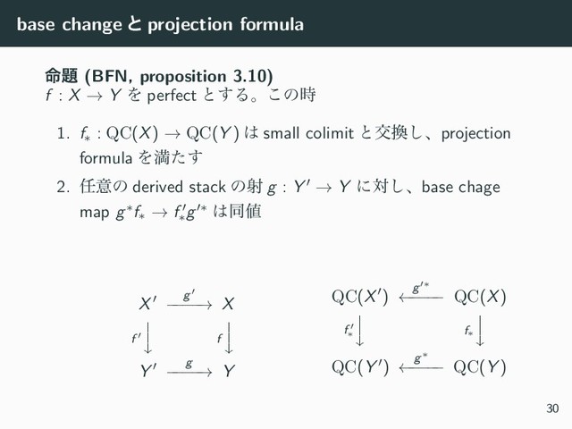 base change ͱ projection formula
໋୊ (BFN, proposition 3.10)
f : X → Y Λ perfect ͱ͢Δɻ͜ͷ࣌
1. f∗ : QC(X) → QC(Y ) ͸ small colimit ͱަ׵͠ɺprojection
formula Λຬͨ͢
2. ೚ҙͷ derived stack ͷࣹ g : Y ′ → Y ʹର͠ɺbase chage
map g∗f∗ → f ′
∗
g′∗ ͸ಉ஋
X′ g′
−
−
−
−
→ X
f ′
⏐
⏐
f
⏐
⏐
Y ′ g
−
−
−
−
→ Y
QC(X′) g′∗
←
−
−
−
− QC(X)
f ′
∗
⏐
⏐
f∗
⏐
⏐
QC(Y ′) g∗
←
−
−
−
− QC(Y )
30
