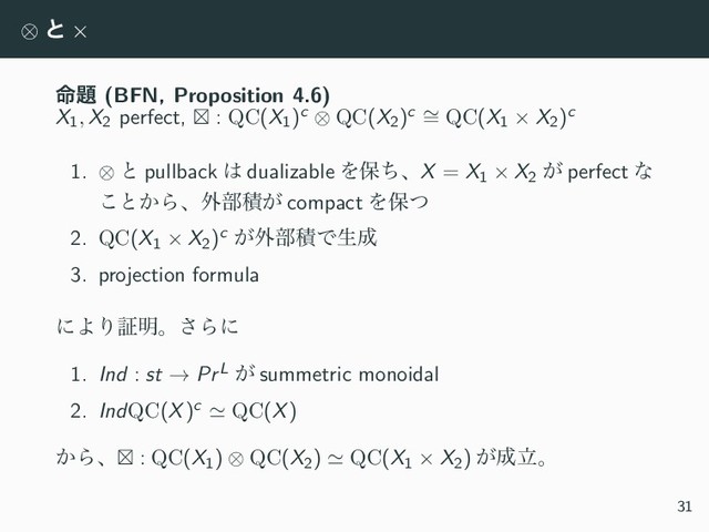 ⊗ ͱ ×
໋୊ (BFN, Proposition 4.6)
X1, X2 perfect, : QC(X1)c ⊗ QC(X2)c ∼
= QC(X1 × X2)c
1. ⊗ ͱ pullback ͸ dualizable ΛอͪɺX = X1 × X2
͕ perfect ͳ
͜ͱ͔Βɺ֎෦ੵ͕ compact Λอͭ
2. QC(X1 × X2)c ͕֎෦ੵͰੜ੒
3. projection formula
ʹΑΓূ໌ɻ͞Βʹ
1. Ind : st → PrL ͕ summetric monoidal
2. IndQC(X)c ≃ QC(X)
͔Βɺ : QC(X1) ⊗ QC(X2) ≃ QC(X1 × X2) ͕੒ཱɻ
31
