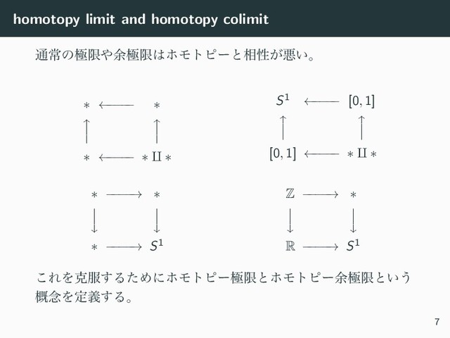 homotopy limit and homotopy colimit
௨ৗͷۃݶ΍༨ۃݶ͸ϗϞτϐʔͱ૬ੑ͕ѱ͍ɻ
∗ ←
−
−
−
− ∗
⏐
⏐
⏐
⏐
∗ ←
−
−
−
− ∗ ⨿ ∗
S1 ←
−
−
−
− [0, 1]
⏐
⏐
⏐
⏐
[0, 1] ←
−
−
−
− ∗ ⨿ ∗
∗ −
−
−
−
→ ∗
⏐
⏐
⏐
⏐
∗ −
−
−
−
→ S1
Z −
−
−
−
→ ∗
⏐
⏐
⏐
⏐
R −
−
−
−
→ S1
͜ΕΛࠀ෰͢ΔͨΊʹϗϞτϐʔۃݶͱϗϞτϐʔ༨ۃݶͱ͍͏
֓೦Λఆٛ͢Δɻ
7
