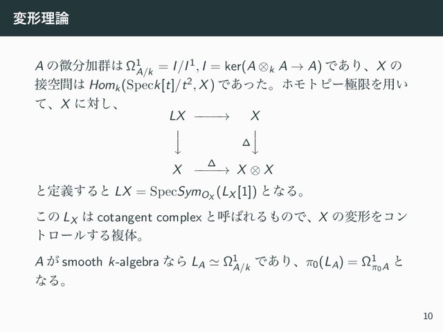 มܗཧ࿦
A ͷඍ෼Ճ܈͸ Ω1
A/k
= I/I1, I = ker(A ⊗k A → A) Ͱ͋ΓɺX ͷ
઀ۭؒ͸ Homk(Speck[t]/t2, X) Ͱ͋ͬͨɻϗϞτϐʔۃݶΛ༻͍
ͯɺX ʹର͠ɺ
LX −
−
−
−
→ X
⏐
⏐
∆
⏐
⏐
X ∆
−
−
−
−
→ X ⊗ X
ͱఆٛ͢Δͱ LX = SpecSymOX
(LX [1]) ͱͳΔɻ
͜ͷ LX
͸ cotangent complex ͱݺ͹ΕΔ΋ͷͰɺX ͷมܗΛίϯ
τϩʔϧ͢Δෳମɻ
A ͕ smooth k-algebra ͳΒ LA ≃ Ω1
A/k
Ͱ͋Γɺπ0(LA) = Ω1
π0A
ͱ
ͳΔɻ
10
