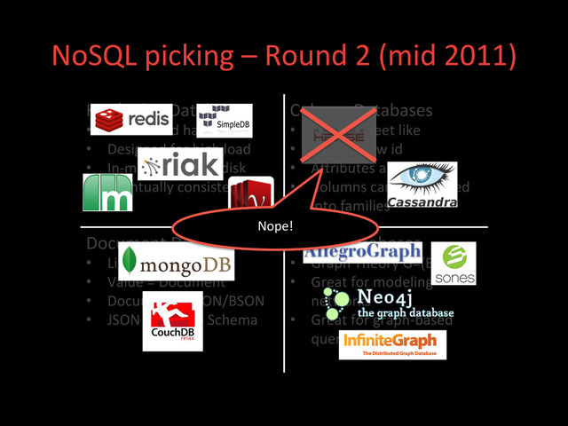 NoSQL	  picking	  –	  Round	  2	  (mid	  2011)	  
Key/Value	  Databases	  
•  Distributed	  hashtables	  
•  Designed	  for	  high	  load	  
•  In-­‐memory	  or	  on-­‐disk	  
•  Eventually	  consistent	  
Column	  Databases	  
•  Spread	  sheet	  like	  
•  Key	  is	  a	  row	  id	  
•  Adributes	  are	  columns	  
•  Columns	  can	  be	  grouped	  
into	  families	  
Document	  Databases	  
•  Like	  Key/Value	  
•  Value	  =	  Document	  
•  Document	  =	  JSON/BSON	  
•  JSON	  =	  Flexible	  Schema	  
Graph	  Databases	  
•  Graph	  Theory	  G=(E,V)	  
•  Great	  for	  modeling	  
networks	  
•  Great	  for	  graph-­‐based	  
query	  algorithms	  	  
Nope!	  

