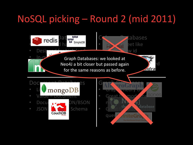 NoSQL	  picking	  –	  Round	  2	  (mid	  2011)	  
Key/Value	  Databases	  
•  Distributed	  hashtables	  
•  Designed	  for	  high	  load	  
•  In-­‐memory	  or	  on-­‐disk	  
•  Eventually	  consistent	  
Column	  Databases	  
•  Spread	  sheet	  like	  
•  Key	  is	  a	  row	  id	  
•  Adributes	  are	  columns	  
•  Columns	  can	  be	  grouped	  
into	  families	  
Document	  Databases	  
•  Like	  Key/Value	  
•  Value	  =	  Document	  
•  Document	  =	  JSON/BSON	  
•  JSON	  =	  Flexible	  Schema	  
Graph	  Databases	  
•  Graph	  Theory	  G=(E,V)	  
•  Great	  for	  modeling	  
networks	  
•  Great	  for	  graph-­‐based	  
query	  algorithms	  	  
Graph	  Databases:	  we	  looked	  at	  
Neo4J	  a	  bit	  closer	  but	  passed	  again	  
for	  the	  same	  reasons	  as	  before.	  
