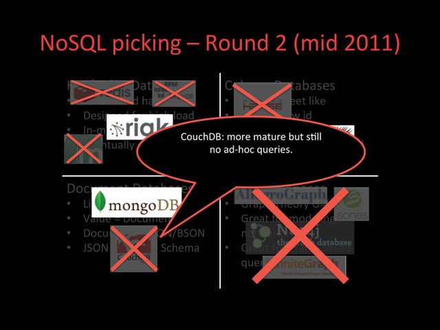 NoSQL	  picking	  –	  Round	  2	  (mid	  2011)	  
Key/Value	  Databases	  
•  Distributed	  hashtables	  
•  Designed	  for	  high	  load	  
•  In-­‐memory	  or	  on-­‐disk	  
•  Eventually	  consistent	  
Column	  Databases	  
•  Spread	  sheet	  like	  
•  Key	  is	  a	  row	  id	  
•  Adributes	  are	  columns	  
•  Columns	  can	  be	  grouped	  
into	  families	  
Document	  Databases	  
•  Like	  Key/Value	  
•  Value	  =	  Document	  
•  Document	  =	  JSON/BSON	  
•  JSON	  =	  Flexible	  Schema	  
Graph	  Databases	  
•  Graph	  Theory	  G=(E,V)	  
•  Great	  for	  modeling	  
networks	  
•  Great	  for	  graph-­‐based	  
query	  algorithms	  	  
CouchDB:	  more	  mature	  but	  s;ll	  
no	  ad-­‐hoc	  queries.	  
