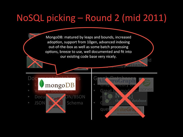 NoSQL	  picking	  –	  Round	  2	  (mid	  2011)	  
Key/Value	  Databases	  
•  Distributed	  hashtables	  
•  Designed	  for	  high	  load	  
•  In-­‐memory	  or	  on-­‐disk	  
•  Eventually	  consistent	  
Column	  Databases	  
•  Spread	  sheet	  like	  
•  Key	  is	  a	  row	  id	  
•  Adributes	  are	  columns	  
•  Columns	  can	  be	  grouped	  
into	  families	  
Document	  Databases	  
•  Like	  Key/Value	  
•  Value	  =	  Document	  
•  Document	  =	  JSON/BSON	  
•  JSON	  =	  Flexible	  Schema	  
Graph	  Databases	  
•  Graph	  Theory	  G=(E,V)	  
•  Great	  for	  modeling	  
networks	  
•  Great	  for	  graph-­‐based	  
query	  algorithms	  	  
MongoDB:	  matured	  by	  leaps	  and	  bounds,	  increased	  
adop;on,	  support	  from	  10gen,	  advanced	  indexing	  
out-­‐of-­‐the-­‐box	  as	  well	  as	  some	  batch	  processing	  
op;ons,	  breeze	  to	  use,	  well	  documented	  and	  ﬁt	  into	  
our	  exis;ng	  code	  base	  very	  nicely.	  
