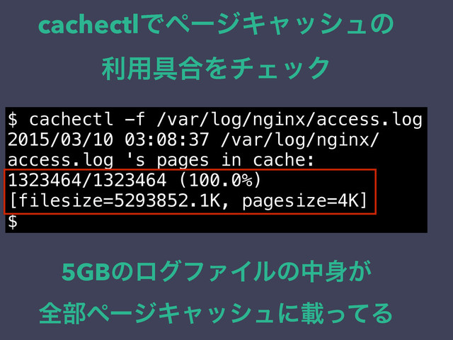 cachectlͰϖʔδΩϟογϡͷ
ར༻۩߹ΛνΣοΫ
$ cachectl -f /var/log/nginx/access.log
2015/03/10 03:08:37 /var/log/nginx/
access.log 's pages in cache:
1323464/1323464 (100.0%)
[filesize=5293852.1K, pagesize=4K]
$
5GBͷϩάϑΝΠϧͷத਎͕
શ෦ϖʔδΩϟογϡʹࡌͬͯΔ
