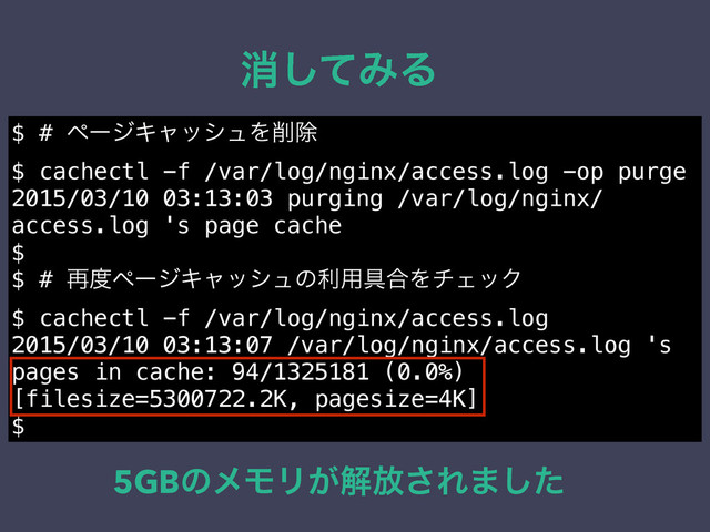 ফͯ͠ΈΔ
$ # ϖʔδΩϟογϡΛ࡟আ
$ cachectl -f /var/log/nginx/access.log -op purge
2015/03/10 03:13:03 purging /var/log/nginx/
access.log 's page cache
$
$ # ࠶౓ϖʔδΩϟογϡͷར༻۩߹ΛνΣοΫ
$ cachectl -f /var/log/nginx/access.log
2015/03/10 03:13:07 /var/log/nginx/access.log 's
pages in cache: 94/1325181 (0.0%)
[filesize=5300722.2K, pagesize=4K]
$
5GBͷϝϞϦ͕ղ์͞Ε·ͨ͠
