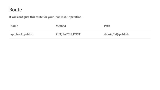 Route
It will configure this route for your publish operation.
Name Method Path
app_book_publish PUT, PATCH, POST /books/{id}/publish
` `
