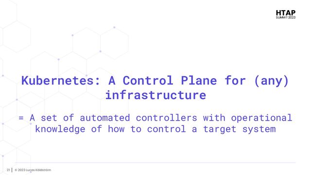 © 2023 Lucas Käldström
21
Kubernetes: A Control Plane for (any)
infrastructure
= A set of automated controllers with operational
knowledge of how to control a target system
