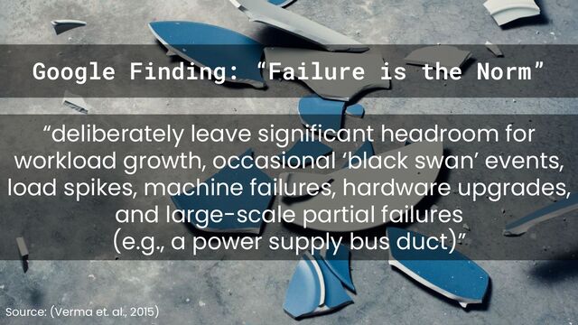 “deliberately leave significant headroom for
workload growth, occasional ‘black swan’ events,
load spikes, machine failures, hardware upgrades,
and large-scale partial failures
(e.g., a power supply bus duct)”
Source: (Verma et. al., 2015)
Google Finding: “Failure is the Norm”

