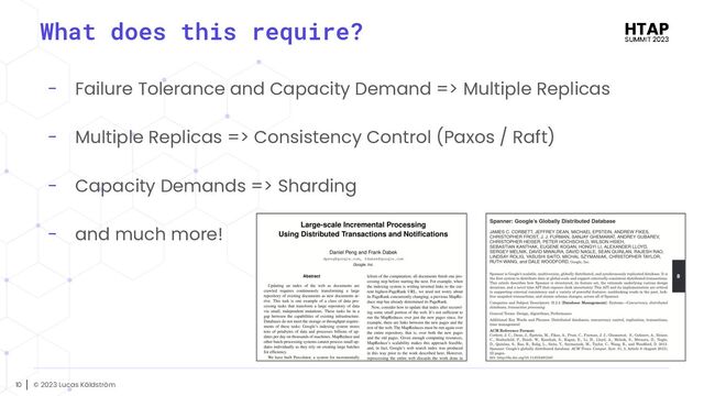 © 2023 Lucas Käldström
10
What does this require?
- Failure Tolerance and Capacity Demand => Multiple Replicas
- Multiple Replicas => Consistency Control (Paxos / Raft)
- Capacity Demands => Sharding
- and much more!
