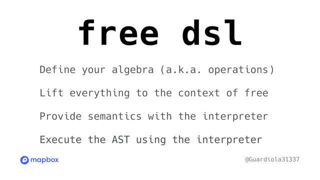 Define your algebra (a.k.a. operations)
Lift everything to the context of free
Provide semantics with the interpreter
Execute the AST using the interpreter
free dsl
@Guardiola31337
