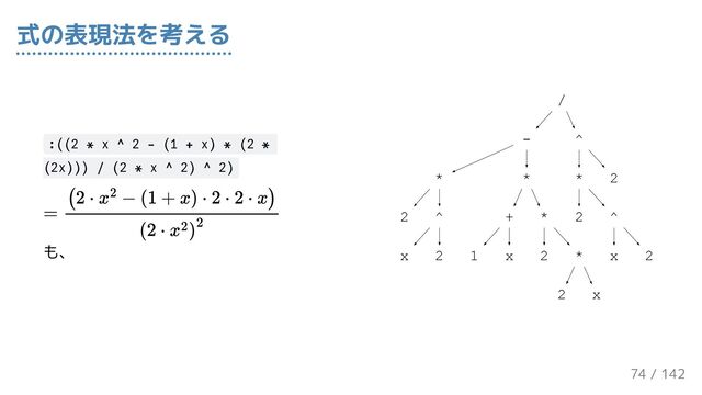 /
- ^
* *
2 ^
x 2
+ *
1 x 2 *
2 x
* 2
2 ^
x 2
:((2 * x ^ 2 - (1 + x) * (2 *
(2x))) / (2 * x ^ 2) ^ 2)
も、
式の表現法を考える
74 / 143
