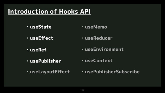 

Introduction of Hooks API
・useState
・useEﬀect
・useLayoutEﬀect
・useMemo
・useRef
・useReducer
・useEnvironment
・usePublisher
・usePublisherSubscribe
・useContext
