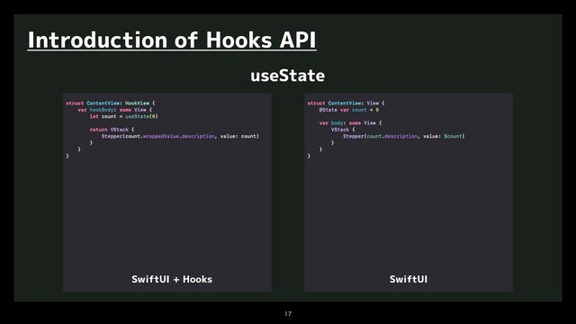 

Introduction of Hooks API
useState
SwiftUI + Hooks SwiftUI
