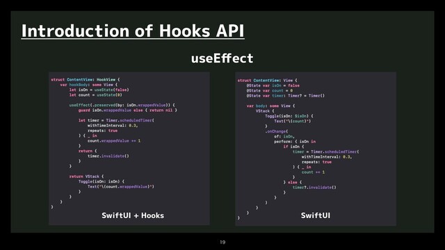 

Introduction of Hooks API
useEﬀect
SwiftUI
SwiftUI + Hooks

