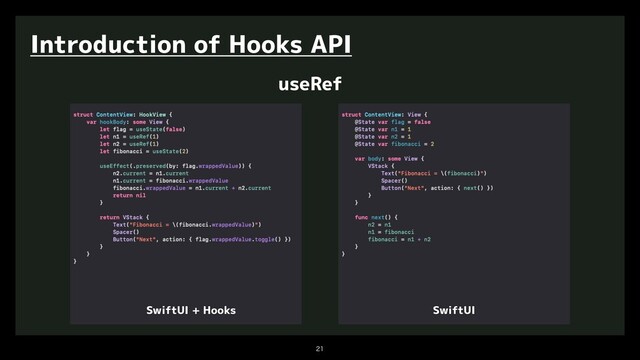 

Introduction of Hooks API
useRef
SwiftUI + Hooks SwiftUI
