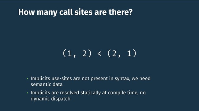 How many call sites are there?
(1, 2) < (2, 1)
• Implicits use-sites are not present in syntax, we need
semantic data
• Implicits are resolved statically at compile time, no
dynamic dispatch
