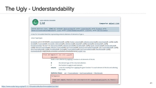 41
The Ugly - Understandability
https://www.scala-lang.org/api/2.12.10/scala/collection/immutable/List.html
