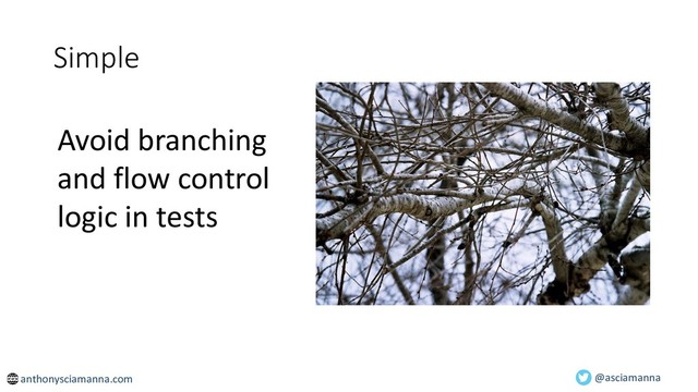 Simple
@asciamanna
Avoid branching
and flow control
logic in tests
anthonysciamanna.com
