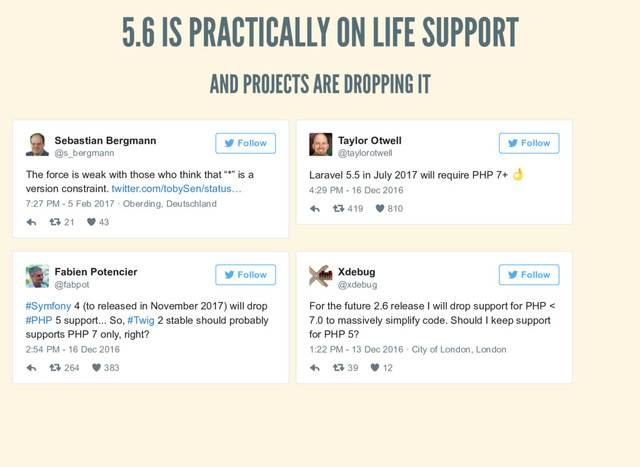5.6 IS PRACTICALLY ON LIFE SUPPORT
AND PROJECTS ARE DROPPING IT
The force is weak with those who think that “*” is a
version constraint. twitter.com/tobySen/status…
7:27 PM ­ 5 Feb 2017 · Oberding, Deutschland
21 43
Sebastian Bergmann
@s_bergmann
Follow
Laravel 5.5 in July 2017 will require PHP 7+
4:29 PM ­ 16 Dec 2016
419 810
Taylor Otwell
@taylorotwell
Follow
#Symfony 4 (to released in November 2017) will drop
#PHP 5 support... So, #Twig 2 stable should probably
supports PHP 7 only, right?
2:54 PM ­ 16 Dec 2016
264 383
Fabien Potencier
@fabpot
Follow
For the future 2.6 release I will drop support for PHP <
7.0 to massively simplify code. Should I keep support
for PHP 5?
1:22 PM ­ 13 Dec 2016 · City of London, London
39 12
Xdebug
@xdebug
Follow
