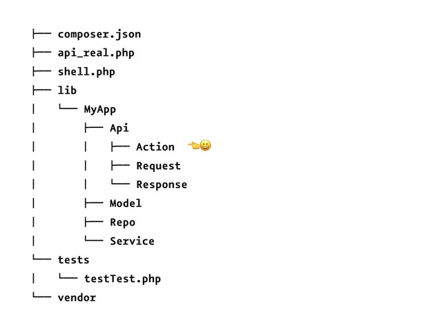 !"" composer.json
!"" api_real.php
!"" shell.php
!"" lib
# $"" MyApp
# !"" Api
# # !"" Action
!"
# # !"" Request
# # $"" Response
# !"" Model
# !"" Repo
# $"" Service
$"" tests
# $"" testTest.php
$"" vendor
