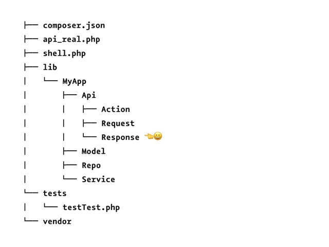 !"" composer.json
!"" api_real.php
!"" shell.php
!"" lib
# $"" MyApp
# !"" Api
# # !"" Action
# # !"" Request
# # $"" Response
!"
# !"" Model
# !"" Repo
# $"" Service
$"" tests
# $"" testTest.php
$"" vendor

