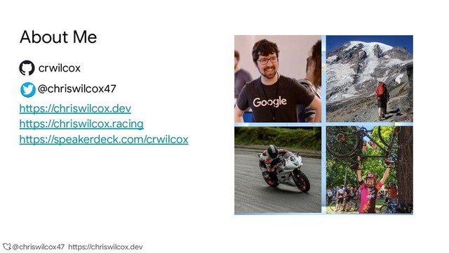 @chriswilcox47 https://chriswilcox.dev
About Me
crwilcox
@chriswilcox47
https://chriswilcox.dev
https://chriswilcox.racing
https://speakerdeck.com/crwilcox
