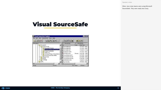 VSHN – The DevOps Company
Visual SourceSafe
Other, less lucky teams were using Microsoft
SourceSafe. They were really less lucky.
Speaker notes
15
