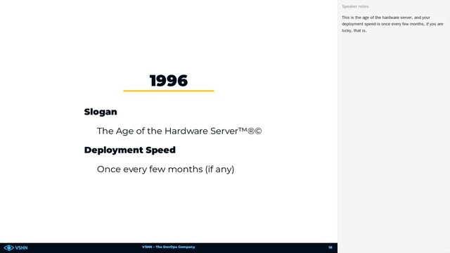 VSHN – The DevOps Company
Slogan
The Age of the Hardware Server™®©
Deployment Speed
Once every few months (if any)
1996
This is the age of the hardware server, and your
deployment speed is once every few months, if you are
lucky, that is.
Speaker notes
18
