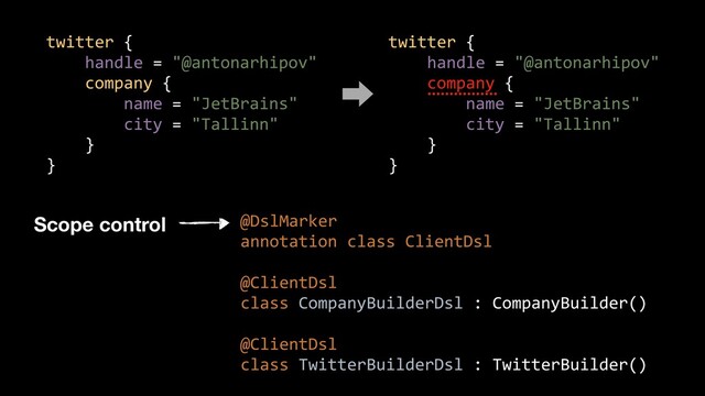 twitter {


handle = "@antonarhipov"


company {


name = "JetBrains"


city = "Tallinn"


}


}


@DslMarker


annotation class ClientDsl


@ClientDsl


class CompanyBuilderDsl : CompanyBuilder()


@ClientDsl


class TwitterBuilderDsl : TwitterBuilder()


twitter {


handle = "@antonarhipov"


company {


name = "JetBrains"


city = "Tallinn"


}


}


Scope control
