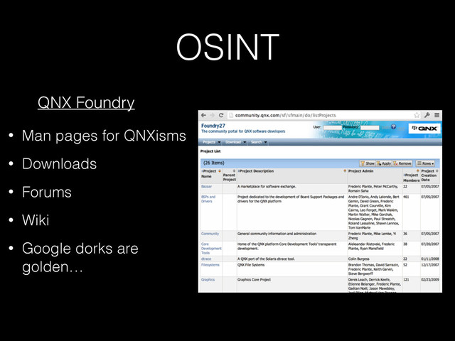 OSINT
QNX Foundry
• Man pages for QNXisms
• Downloads
• Forums
• Wiki
• Google dorks are
golden…
