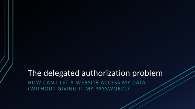 The delegated authorization problem
HOW CAN I LET A WEBSITE ACCESS MY DATA
(WITHOUT GIVING IT MY PASSWORD)?

