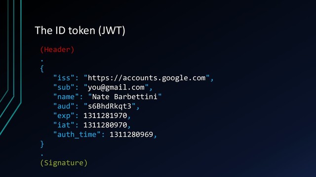 The ID token (JWT)
(Header)
.
{
"iss": "https://accounts.google.com",
"sub": "you@gmail.com",
"name": "Nate Barbettini"
"aud": "s6BhdRkqt3",
"exp": 1311281970,
"iat": 1311280970,
"auth_time": 1311280969,
}
.
(Signature)
