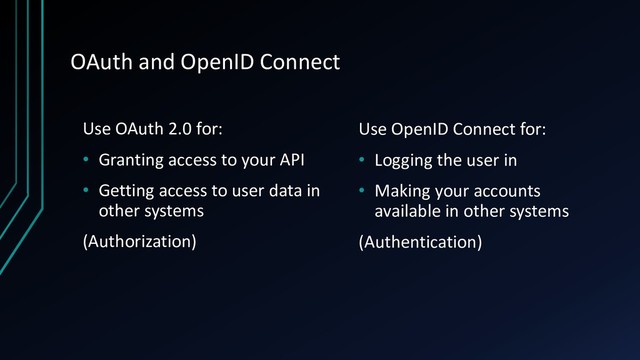 OAuth and OpenID Connect
Use OAuth 2.0 for:
• Granting access to your API
• Getting access to user data in
other systems
(Authorization)
Use OpenID Connect for:
• Logging the user in
• Making your accounts
available in other systems
(Authentication)
